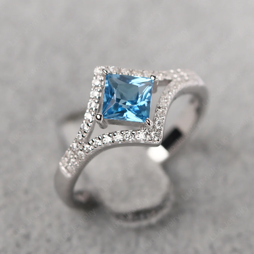 Princess Cut Swiss Blue Topaz Kite Set Halo Ring - Image 3
