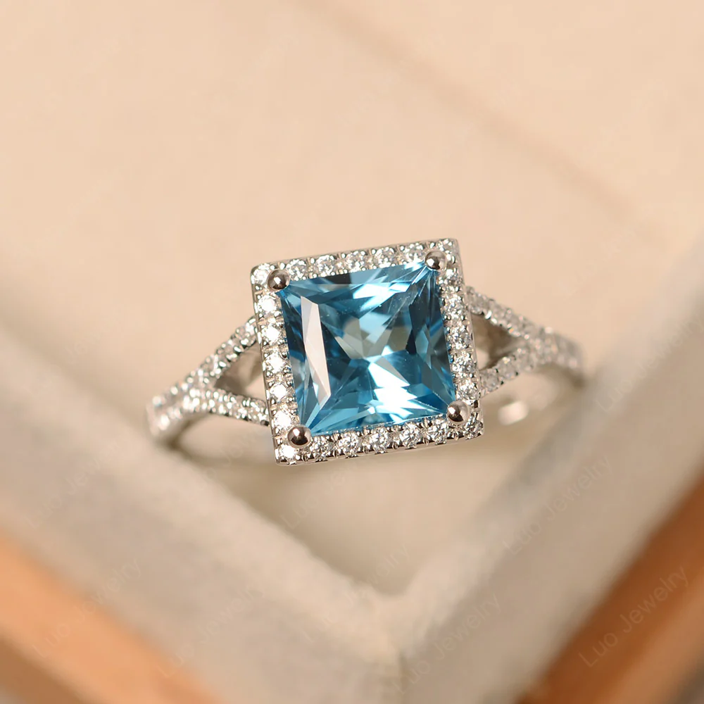 Princess Cut Swiss Blue Topaz Split Shank Halo Ring
