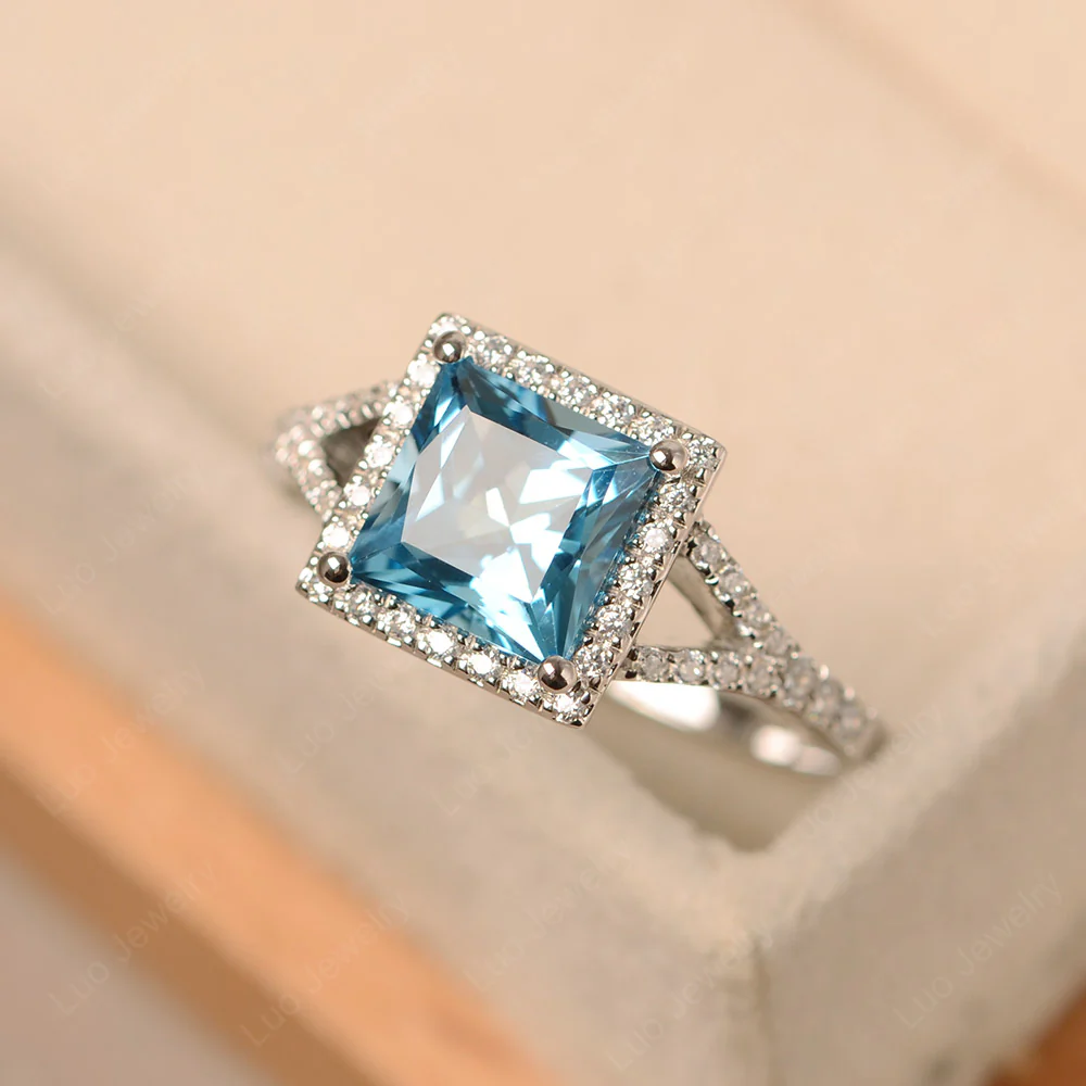 Princess Cut Swiss Blue Topaz Split Shank Halo Ring - Image 2