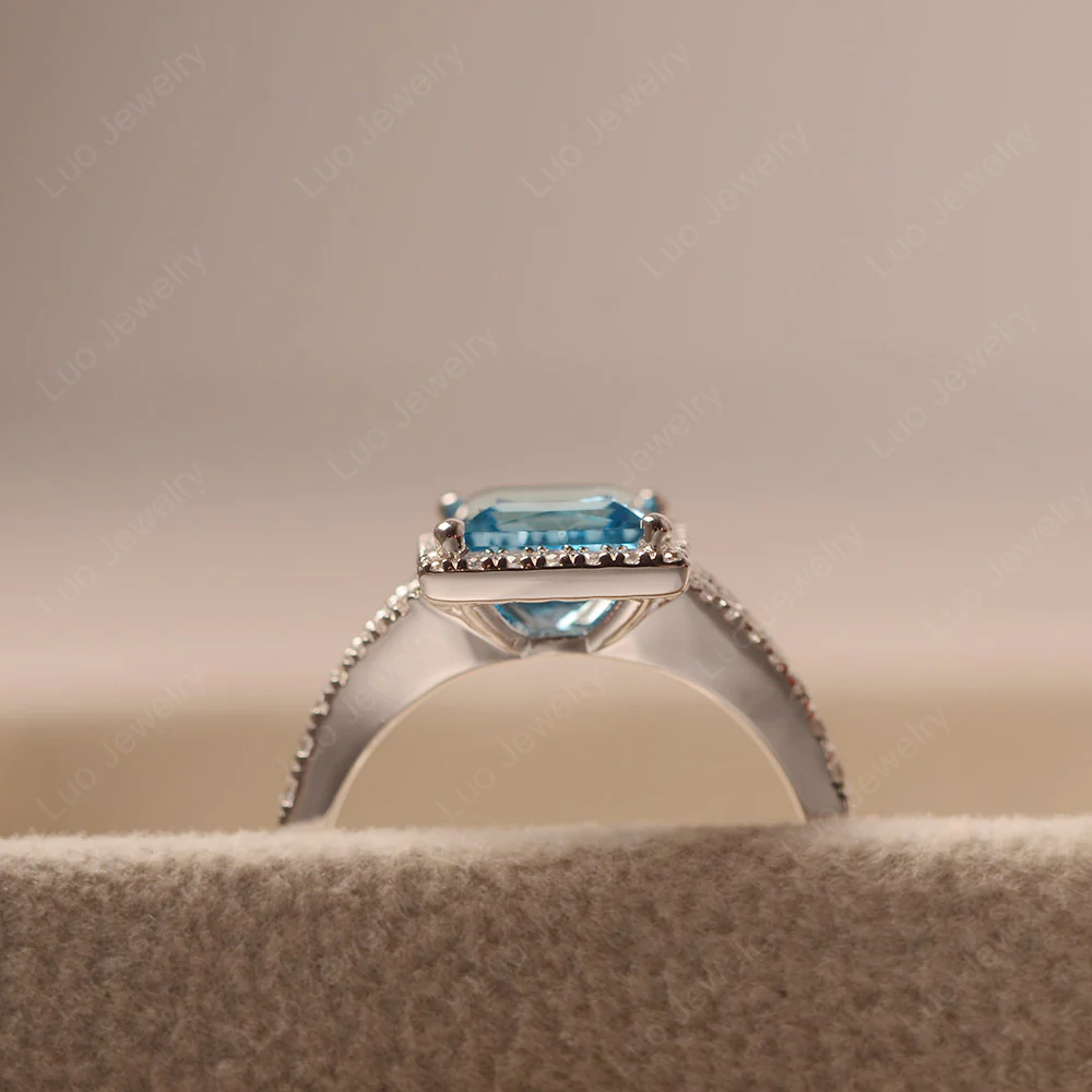 Princess Cut Swiss Blue Topaz Split Shank Halo Ring - Image 4