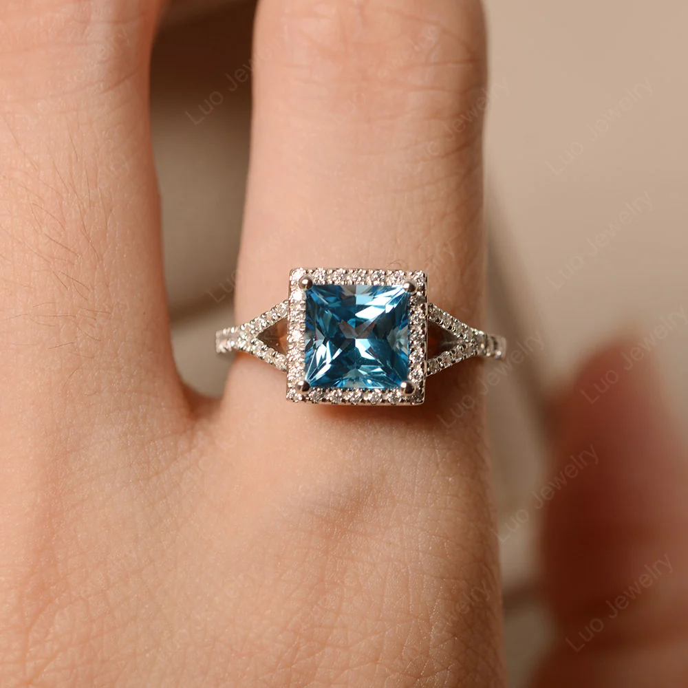 Princess Cut Swiss Blue Topaz Split Shank Halo Ring - Image 5