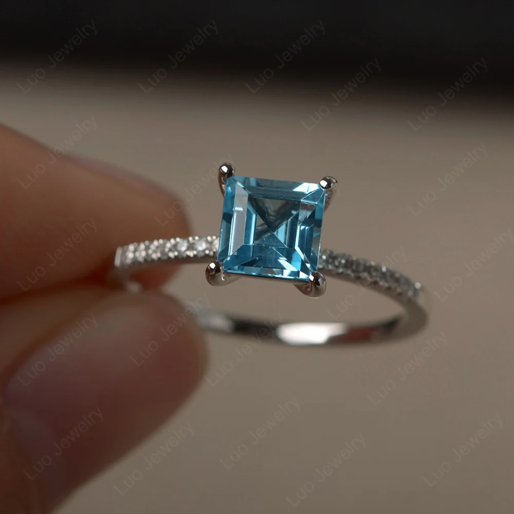 Square Cut Swiss Blue Topaz Ring with Thin Band