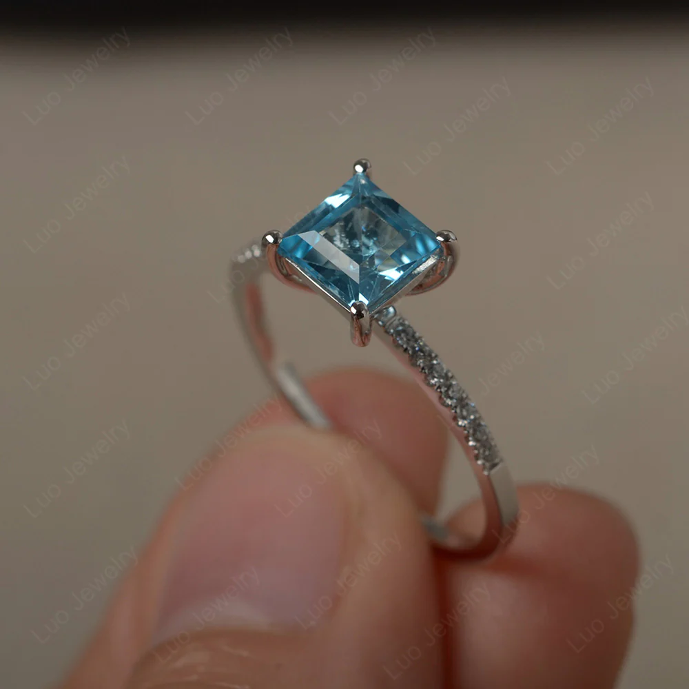 Square Cut Swiss Blue Topaz Ring with Thin Band - Image 2