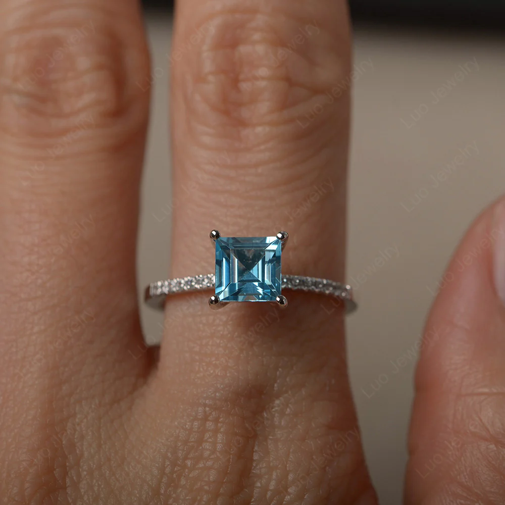 Square Cut Swiss Blue Topaz Ring with Thin Band - Image 4