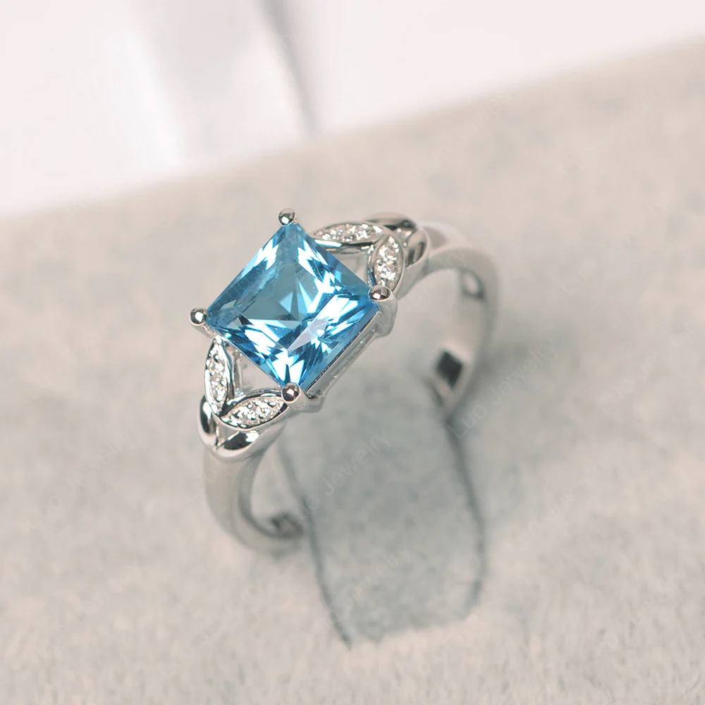 Princess Cut Swiss Blue Topaz Leaf Ring
