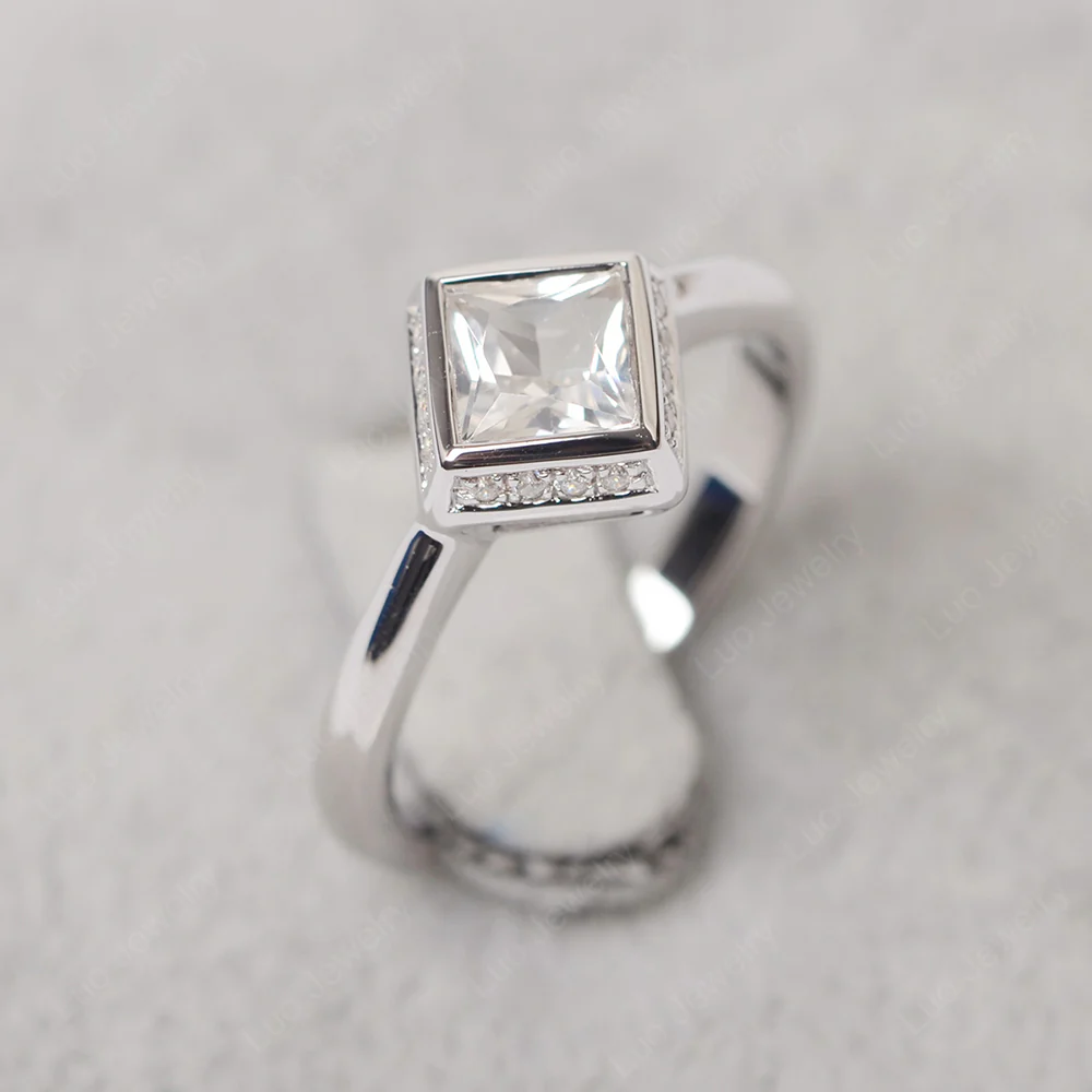 White Topaz Bezel Halo Engagement Ring - Image 2