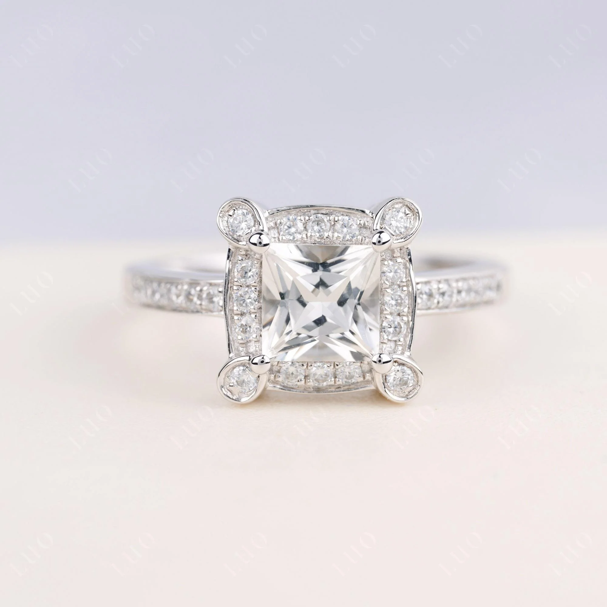 Princess Cut White Topaz Halo Statement Ring