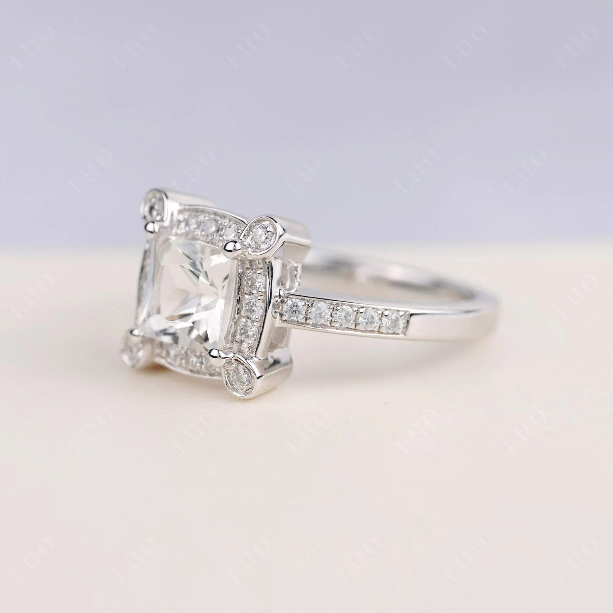 Princess Cut White Topaz Halo Statement Ring - Image 2