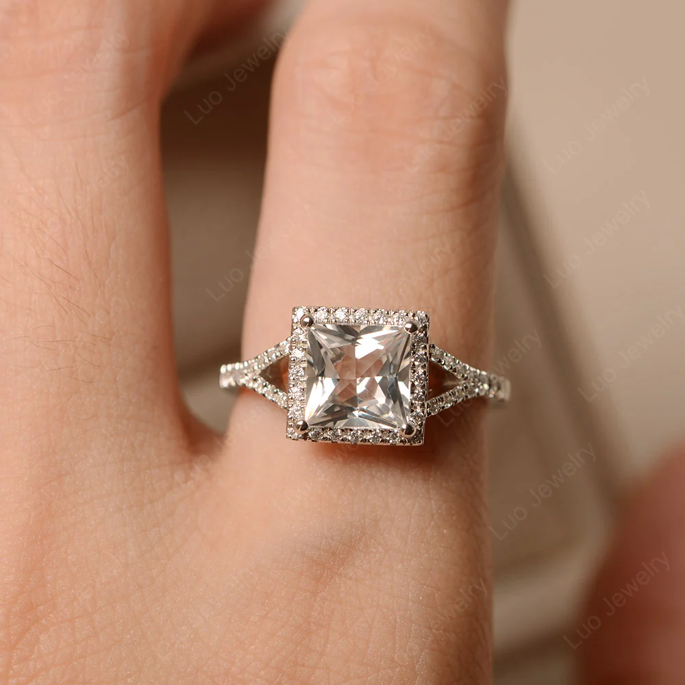 Princess Cut White Topaz Split Shank Halo Ring - Image 5