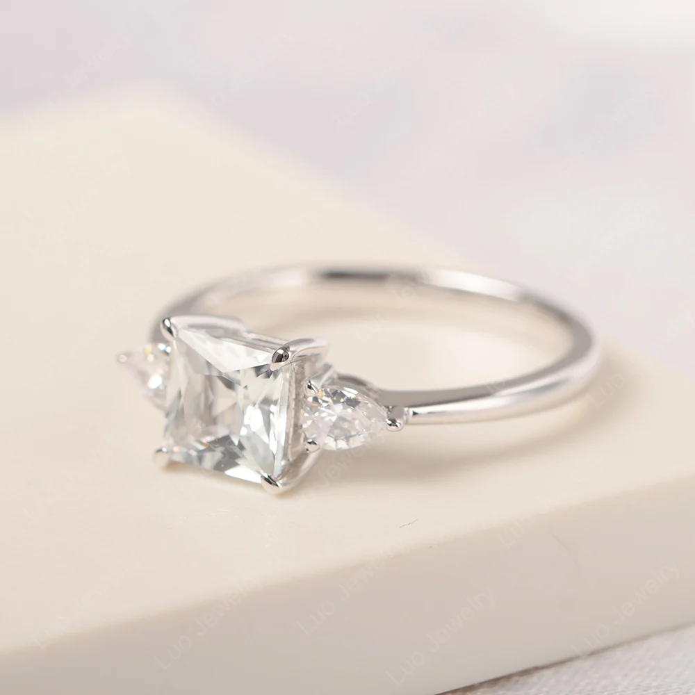 Princess Cut White Topaz Ring with Pear Side Stone - Image 2