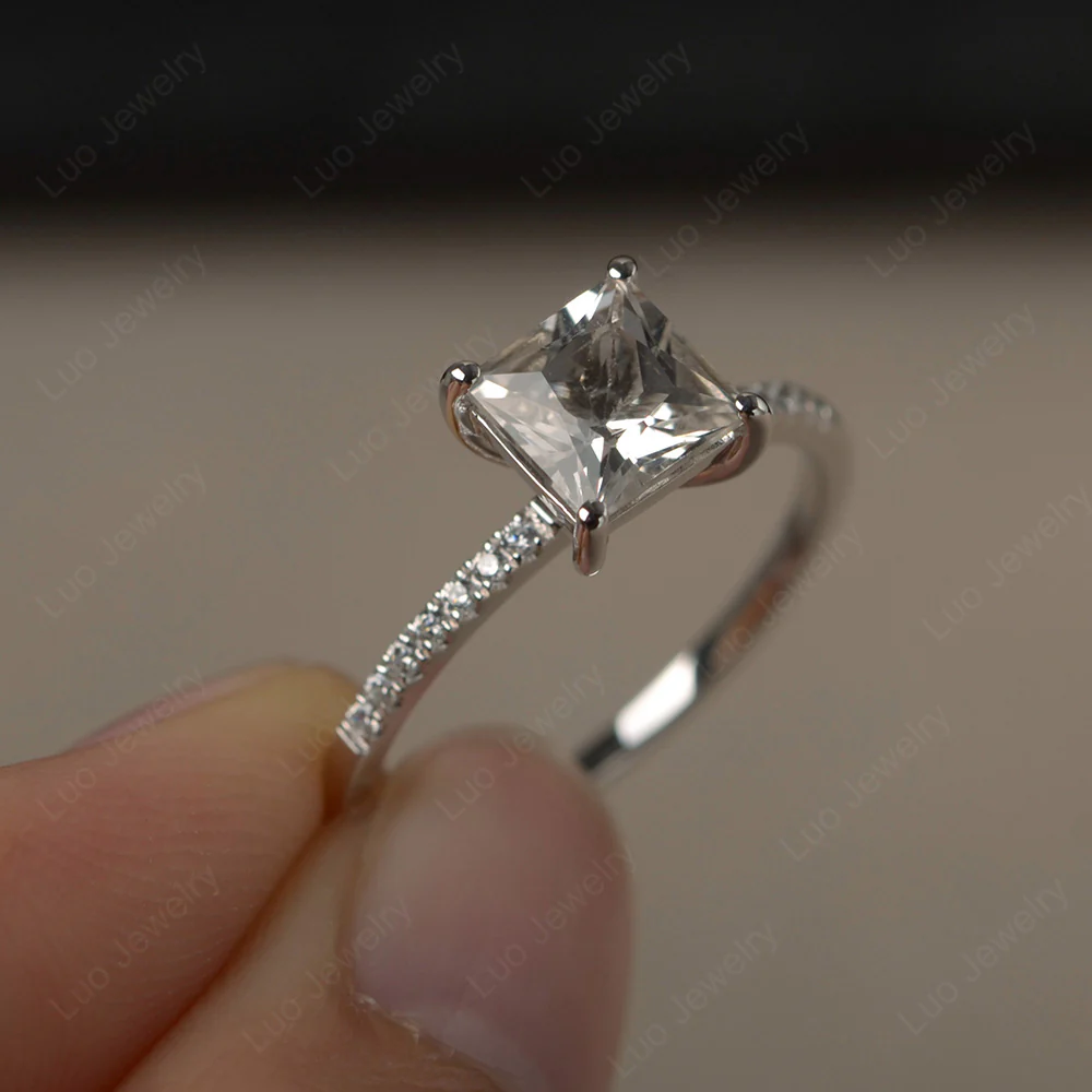 Princess Cut White Topaz Ring with Thin Band - Image 2
