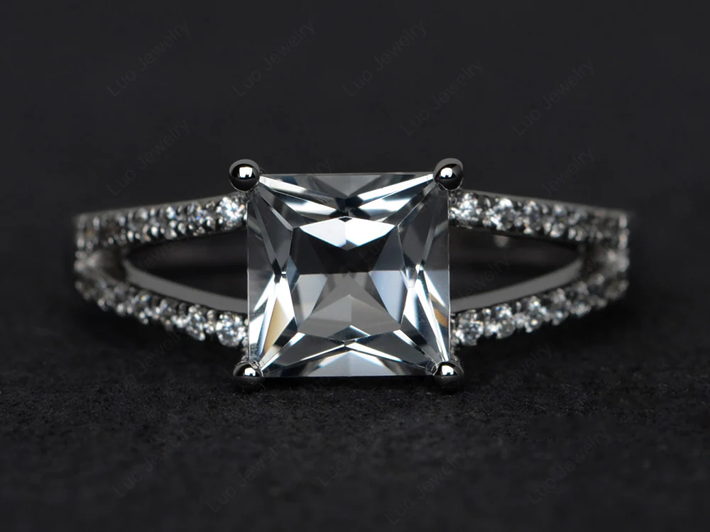 Princess Cut White Topaz Split Shank Ring