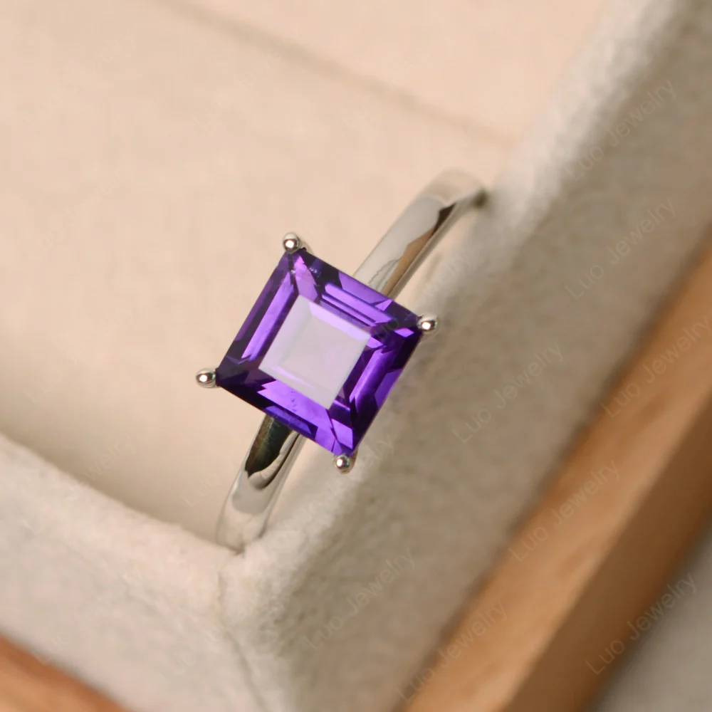 Square Cut Solitaire Amethyst Ring - Image 2