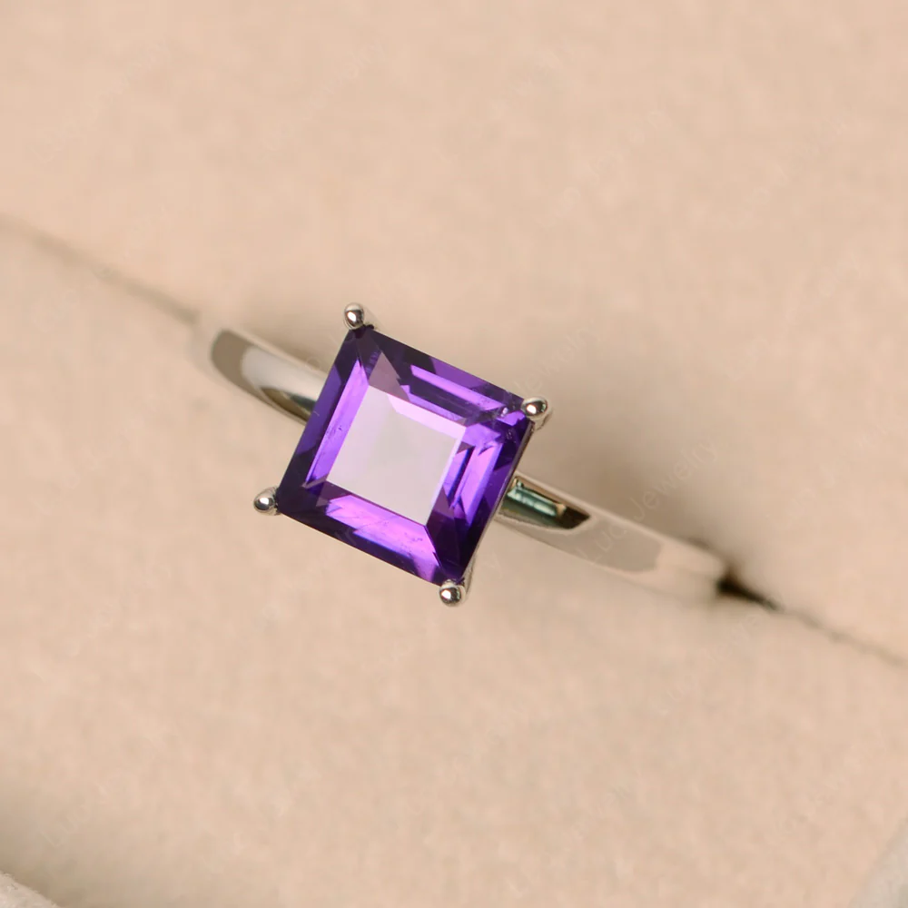 Square Cut Solitaire Amethyst Ring - Image 3