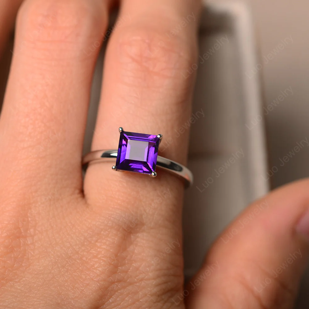 Square Cut Solitaire Amethyst Ring - Image 5