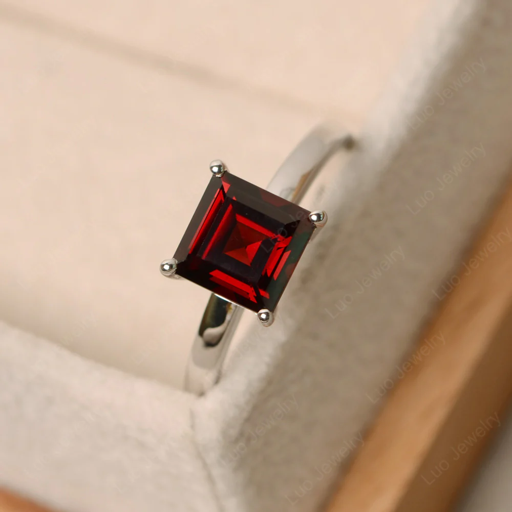 Square Cut Solitaire Garnet Ring