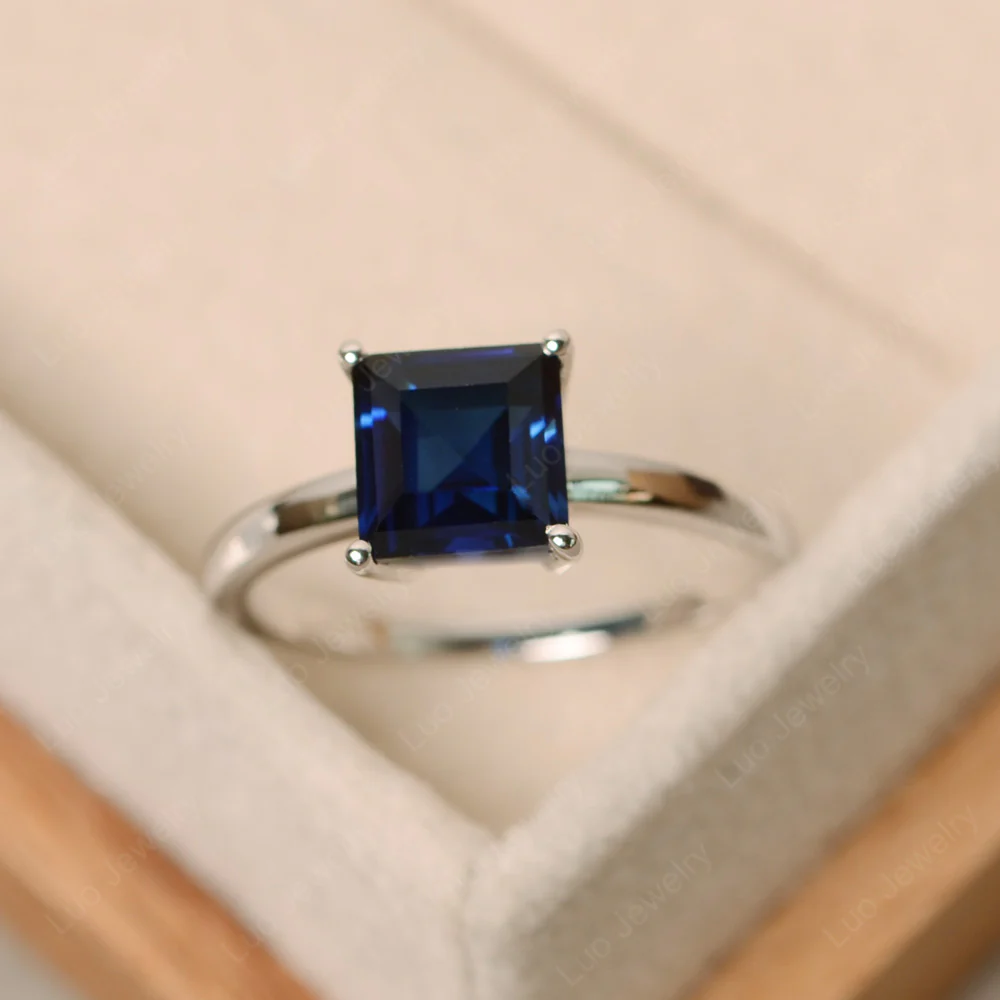 Square Cut Solitaire Sapphire Ring - Image 2