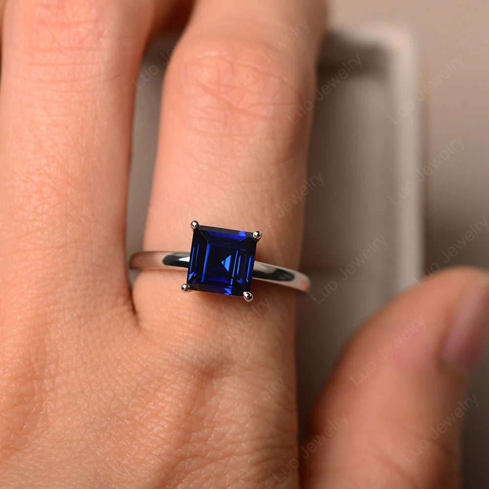 Square Cut Solitaire Sapphire Ring - Image 5
