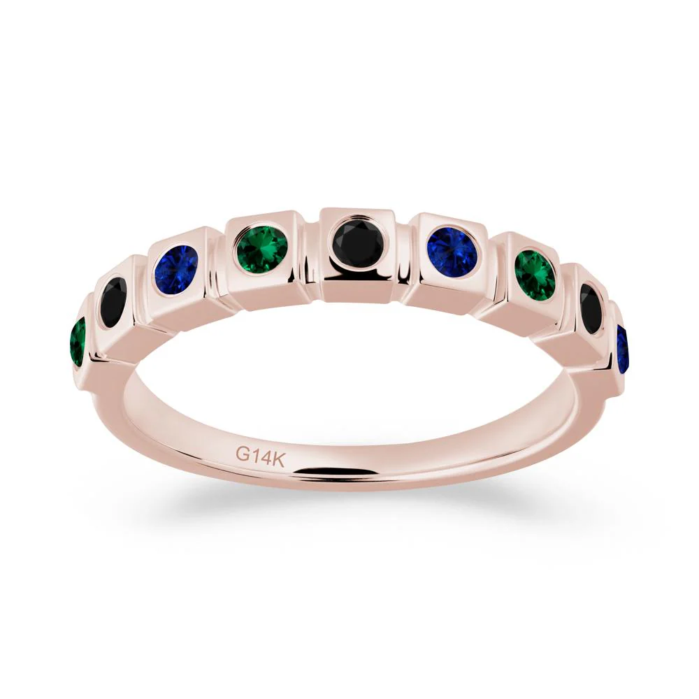 Rainbow Black Spinel and Emerald and Sapphire Eternity Ring
