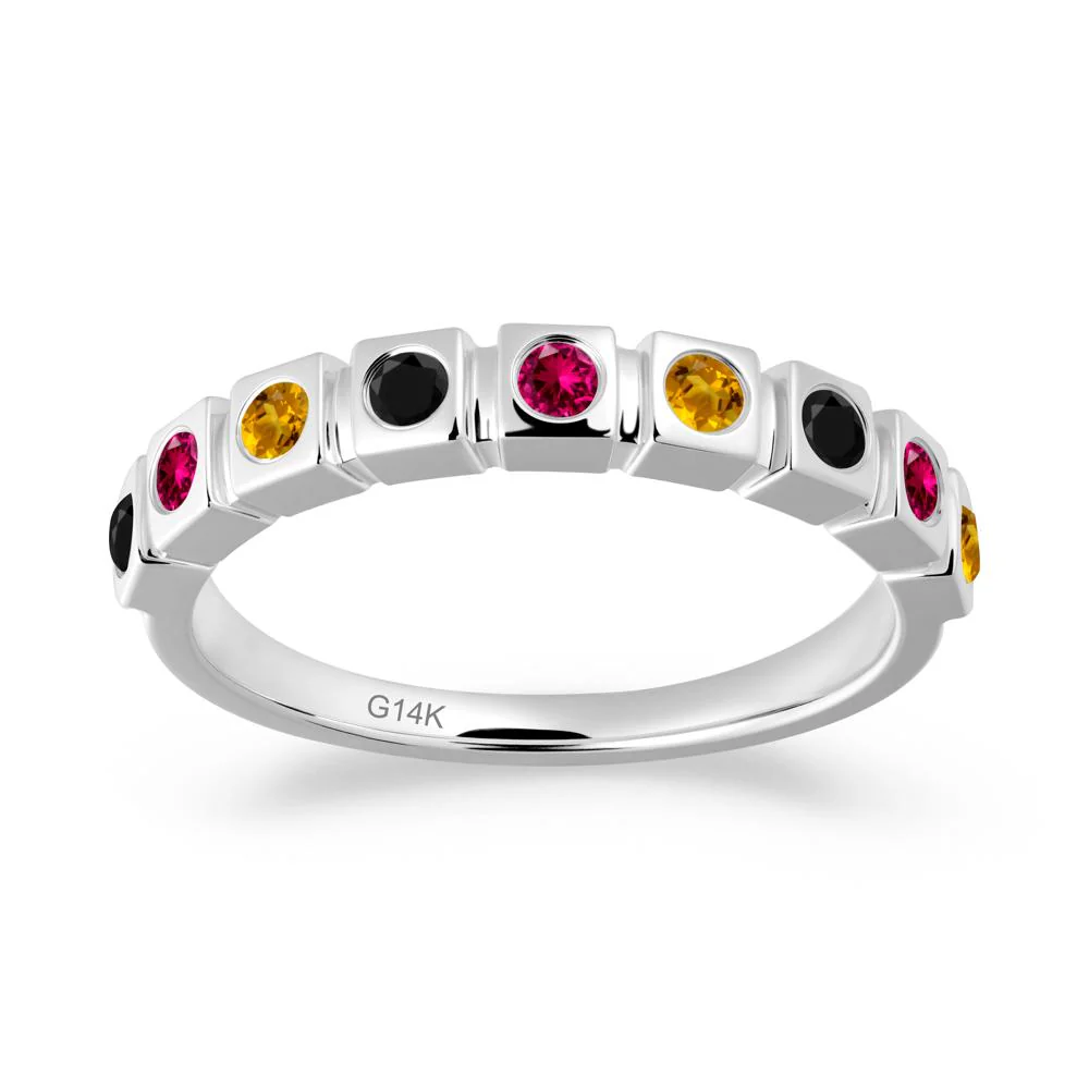 Rainbow Black Spinel and Ruby and Citrine Eternity Ring - Image 9
