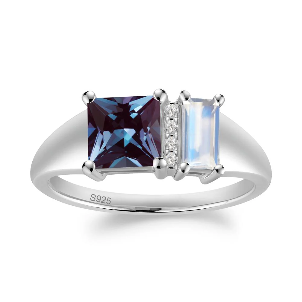 Rectangular Princess Cut Alexandrite and Moonstone Ring - Image 7