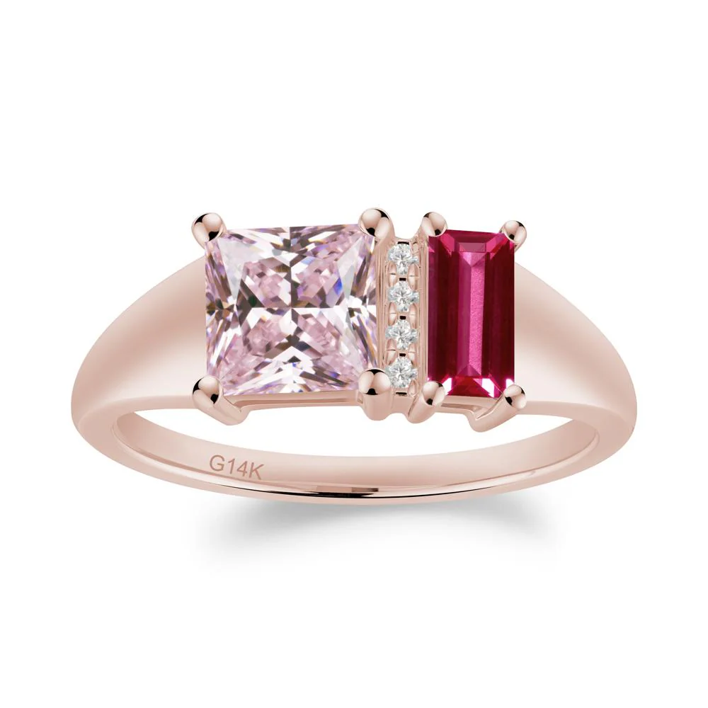Rectangular Princess Cut Pink Cubic Zirconia and Ruby Ring - Image 3
