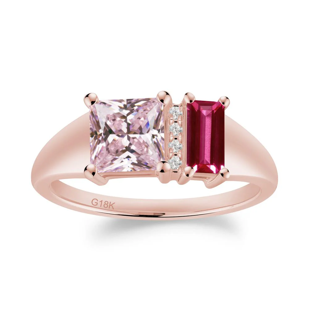 Rectangular Princess Cut Pink Cubic Zirconia and Ruby Ring - Image 4