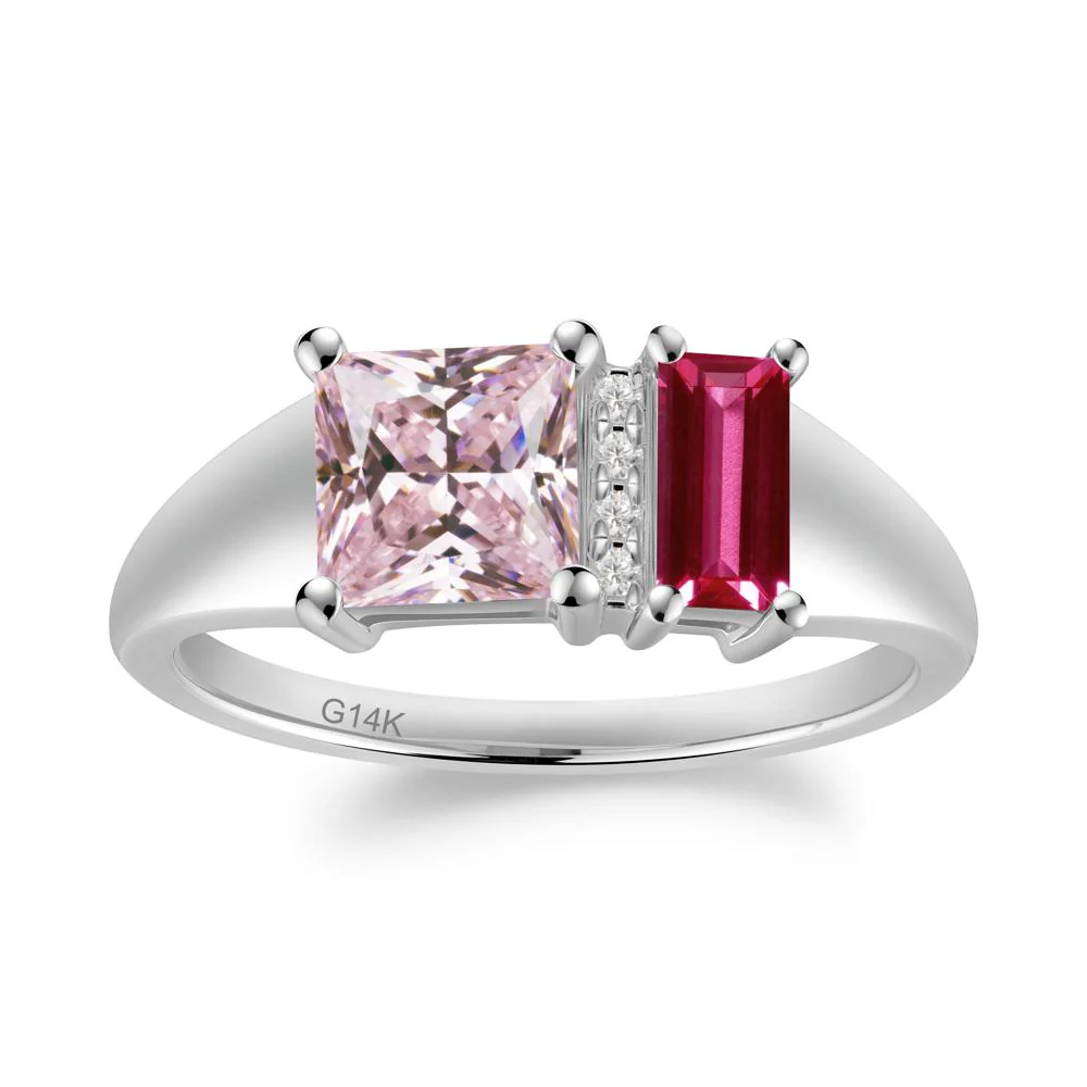 Rectangular Princess Cut Pink Cubic Zirconia and Ruby Ring - Image 5