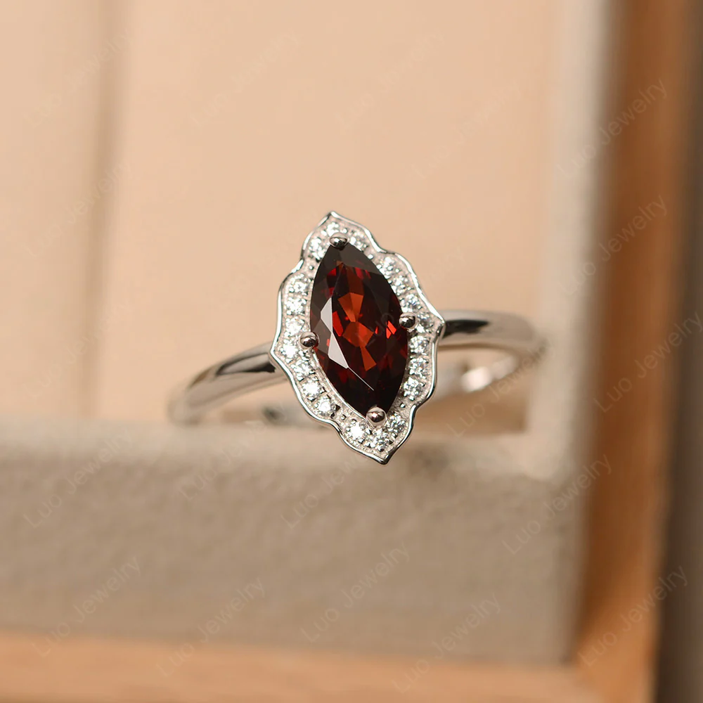 Marquise Cut Garnet Halo Engagement Ring - Image 2