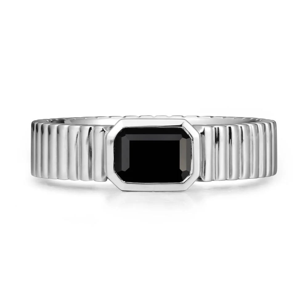 Men Wide Ribbed Band Black Spinel Ring - Image 6
