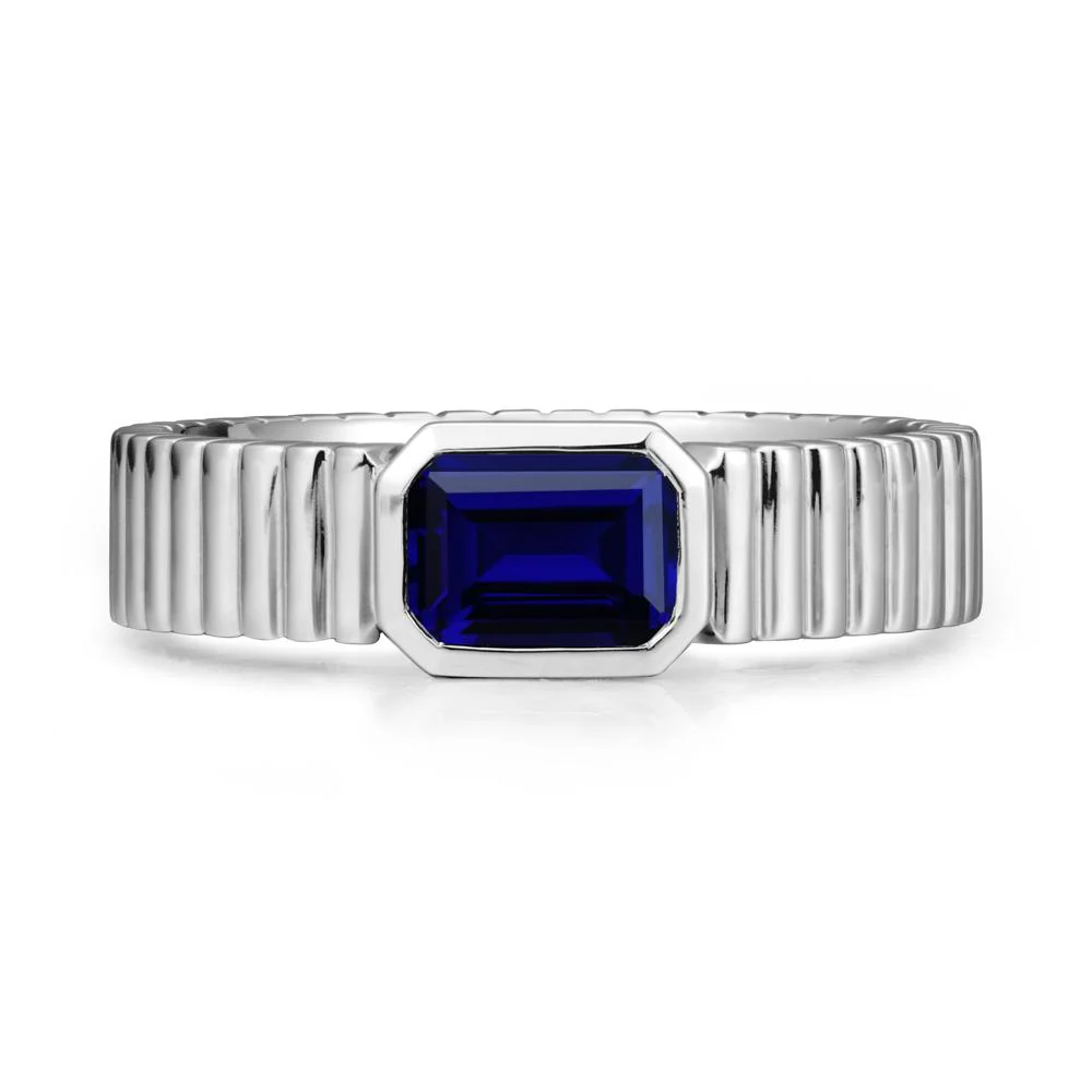 Men Wide Ribbed Band Sapphire Ring - Image 9