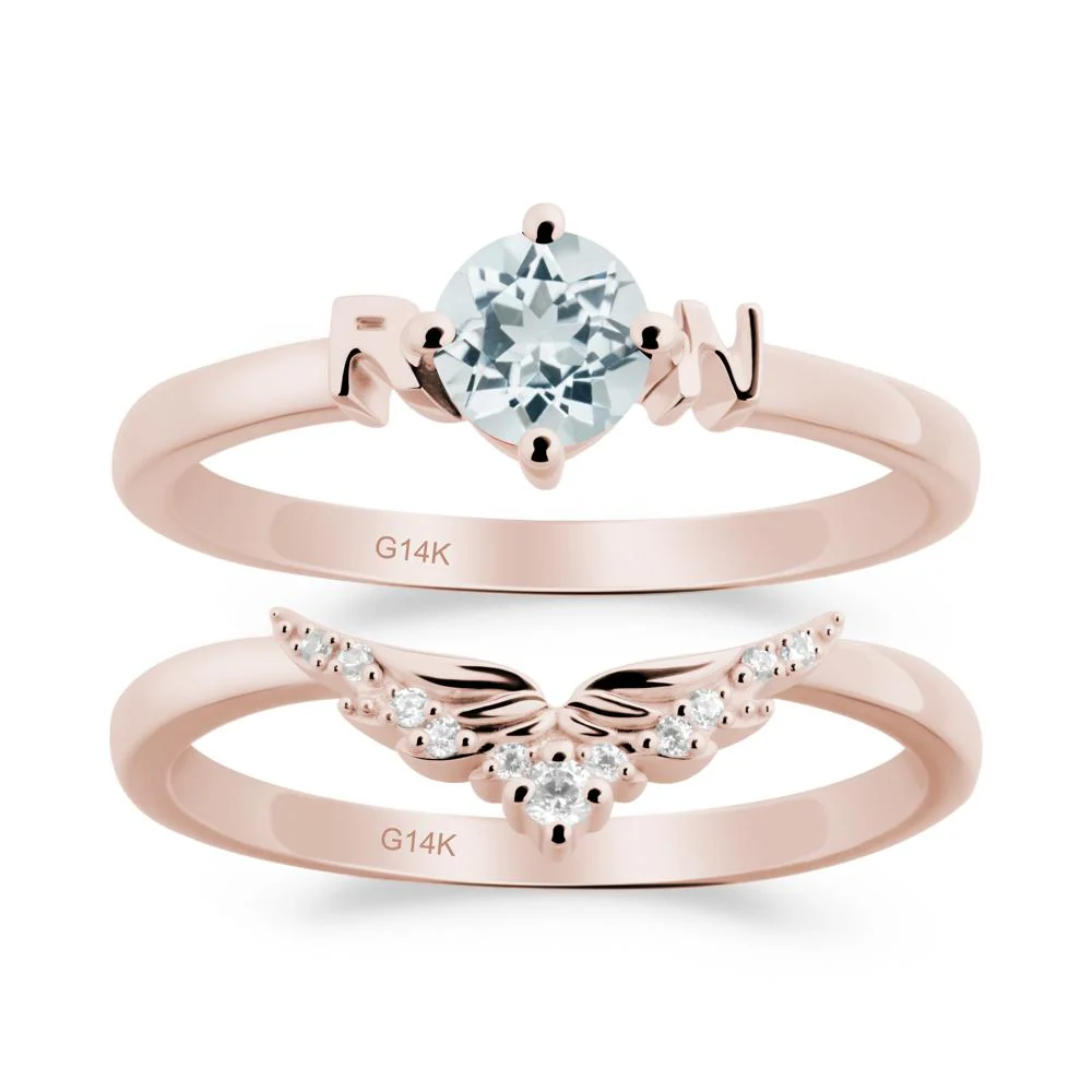 Rn Caduceus-Inspired Aquamarine Wedding Ring Set - Image 2