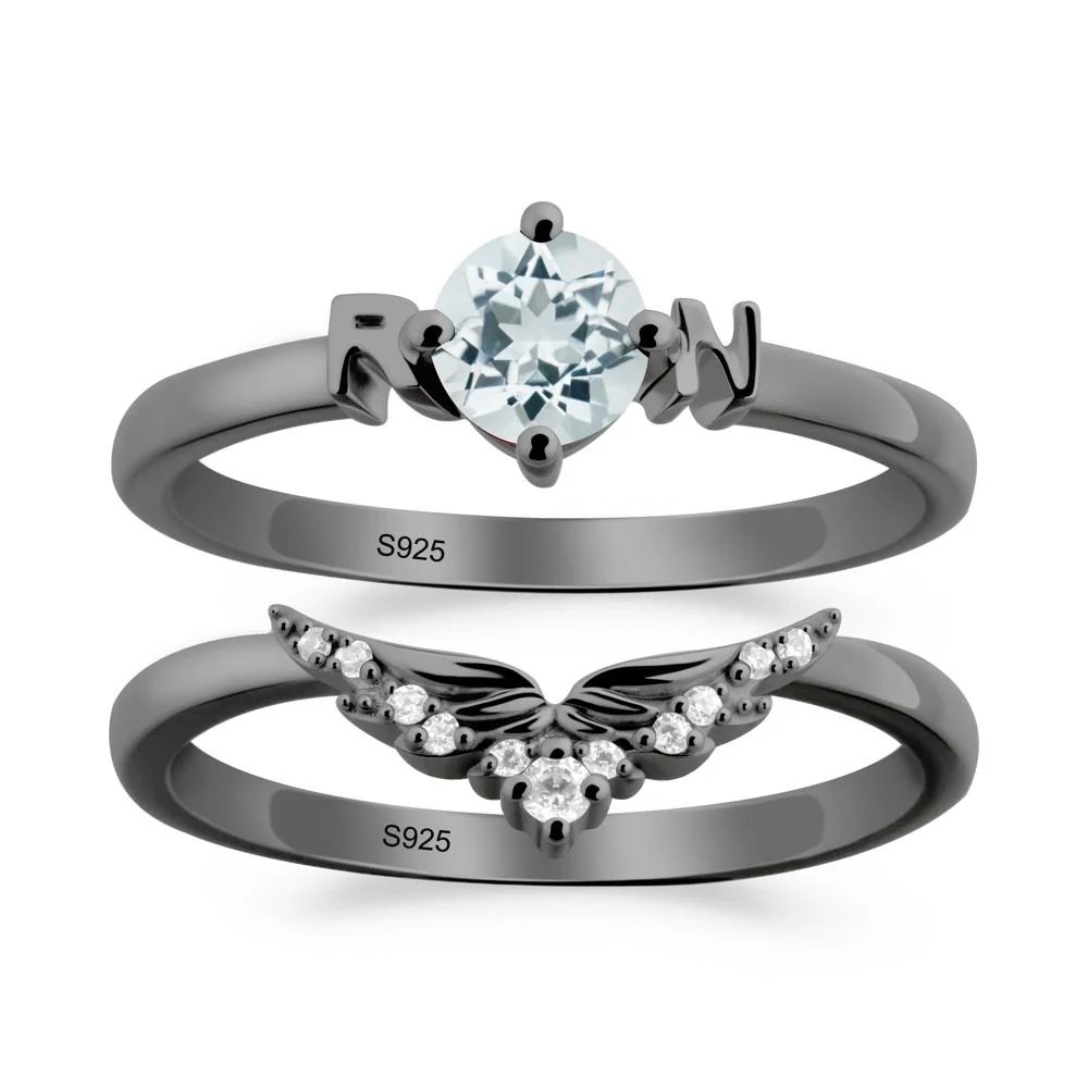 Rn Caduceus-Inspired Aquamarine Wedding Ring Set - Image 6