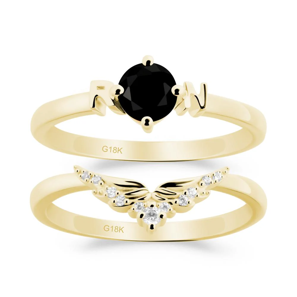Rn Caduceus-Inspired Black Spinel Wedding Ring Set - Image 2