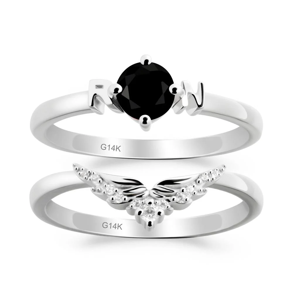 Rn Caduceus-Inspired Black Spinel Wedding Ring Set - Image 3