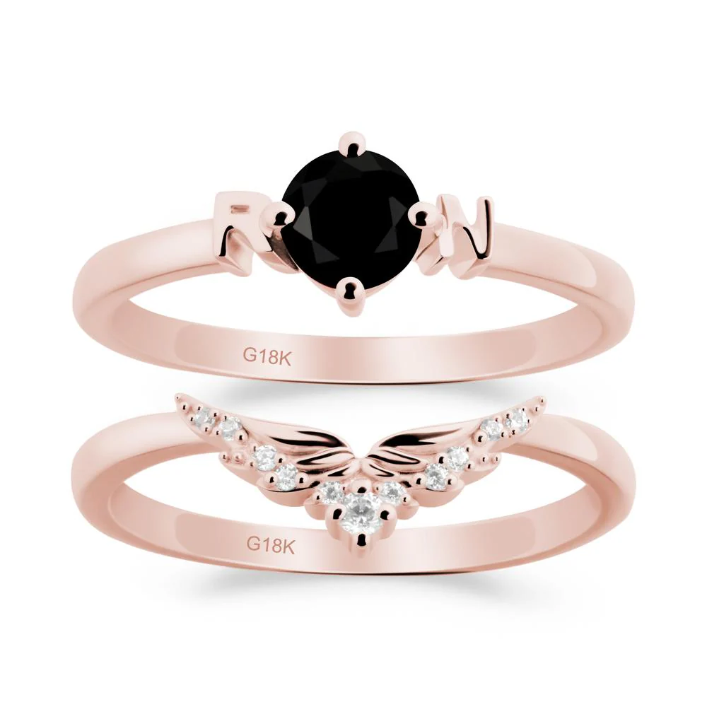 Rn Caduceus-Inspired Black Spinel Wedding Ring Set - Image 4