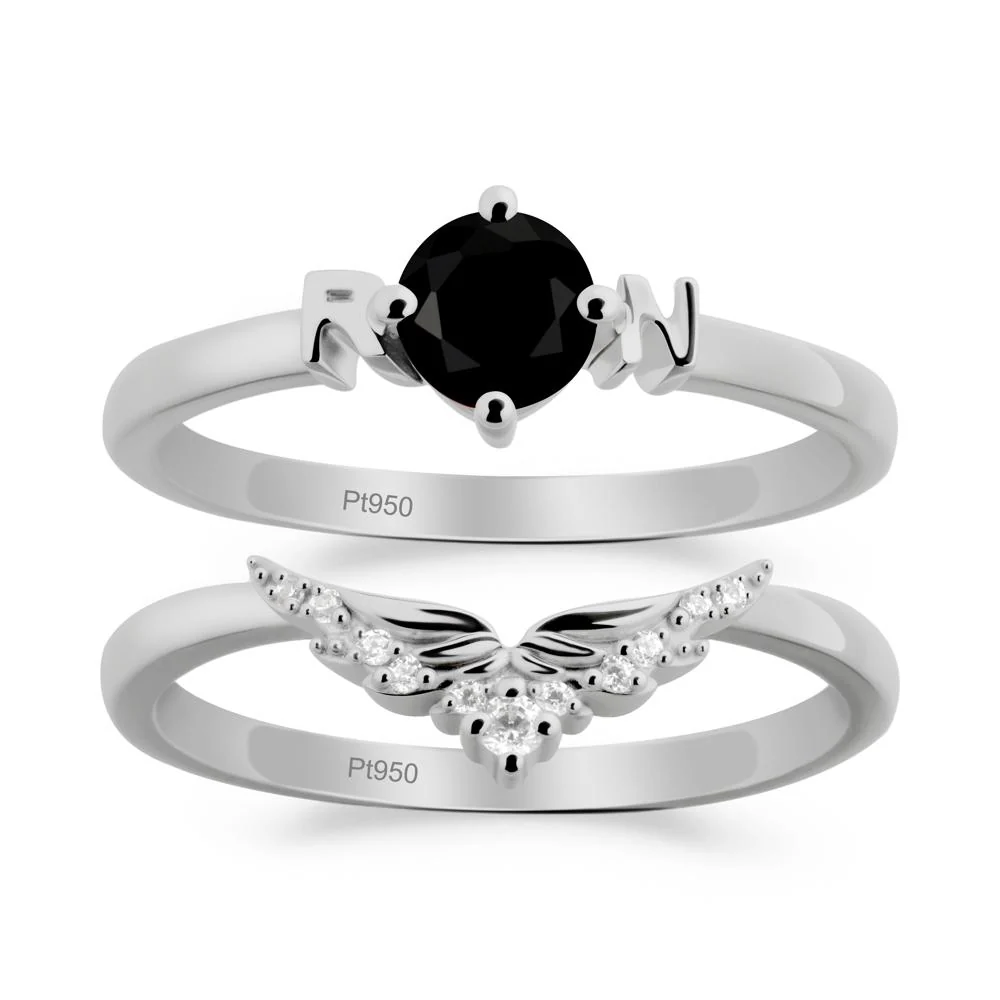 Rn Caduceus-Inspired Black Spinel Wedding Ring Set - Image 5
