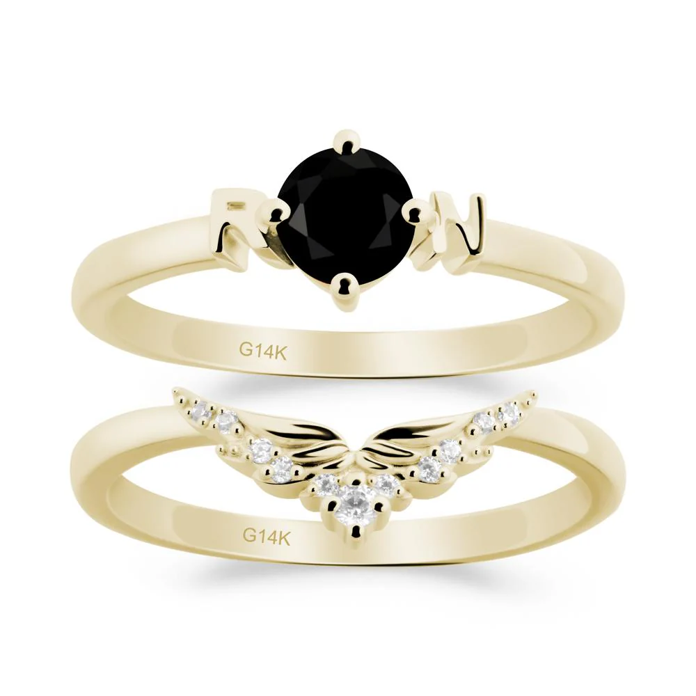 Rn Caduceus-Inspired Black Spinel Wedding Ring Set - Image 7