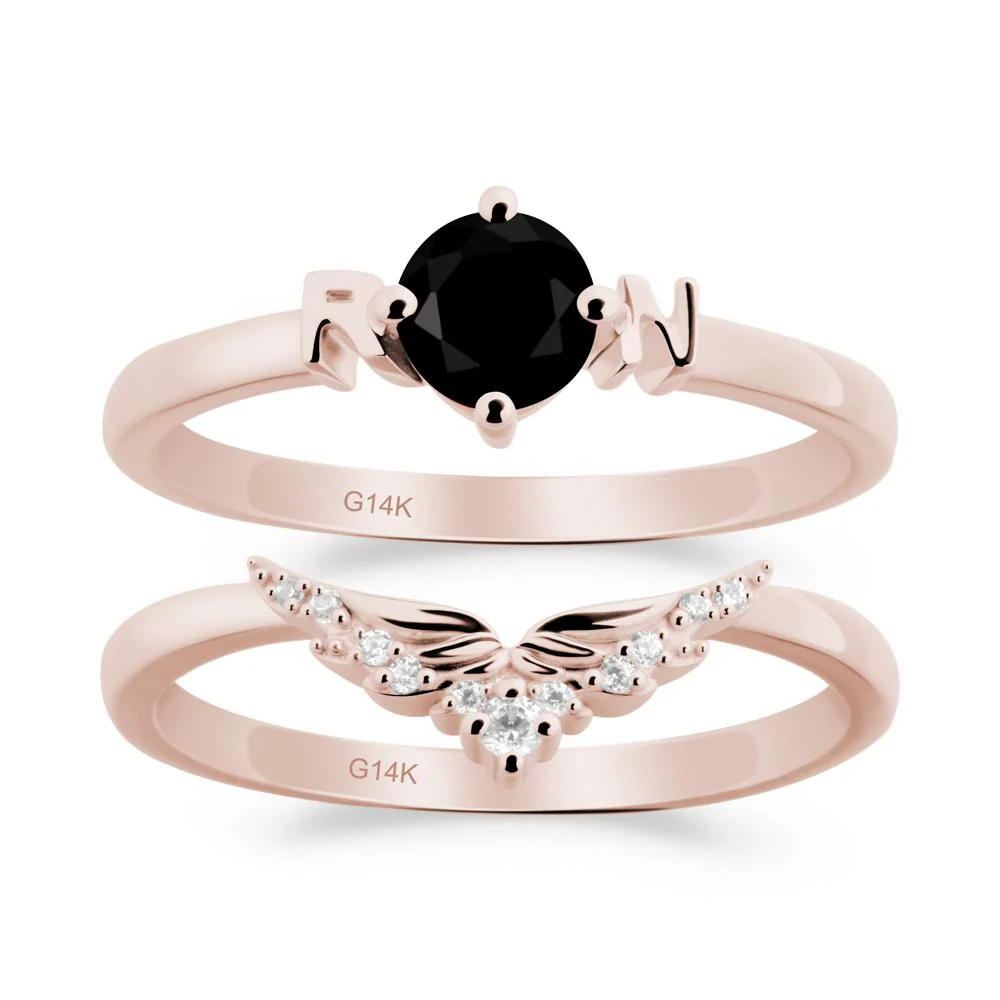 Rn Caduceus-Inspired Black Spinel Wedding Ring Set - Image 9