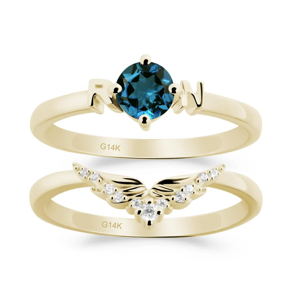 Rn Caduceus-Inspired London Blue Topaz Wedding Ring Set - Image 2