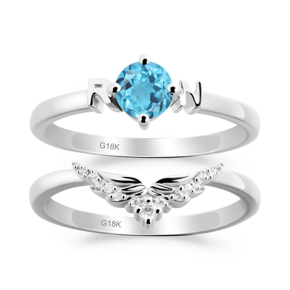 Rn Caduceus-Inspired Swiss Blue Topaz Wedding Ring Set - Image 2