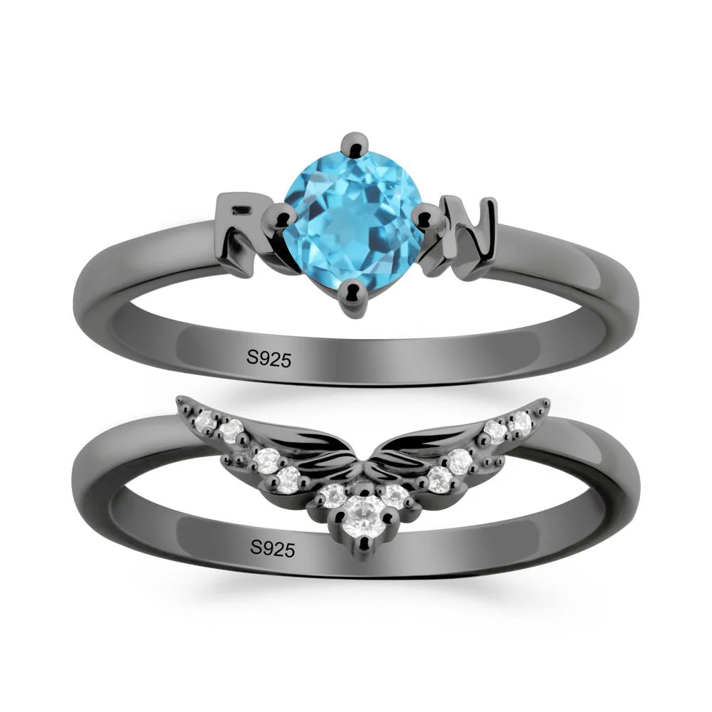 Rn Caduceus-Inspired Swiss Blue Topaz Wedding Ring Set - Image 3