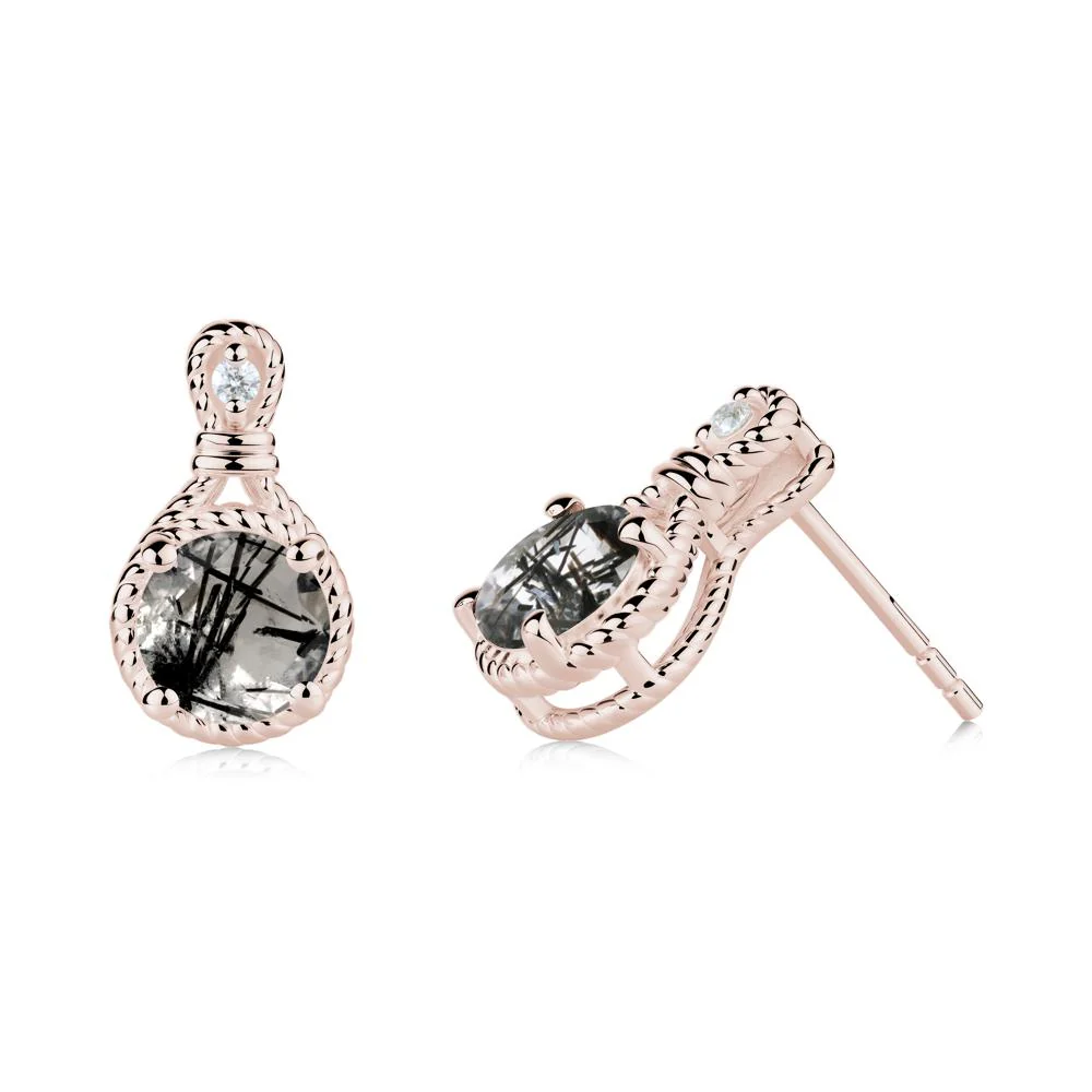 Rope Twist Halo Black Rutilated Quartz Stud Earrings