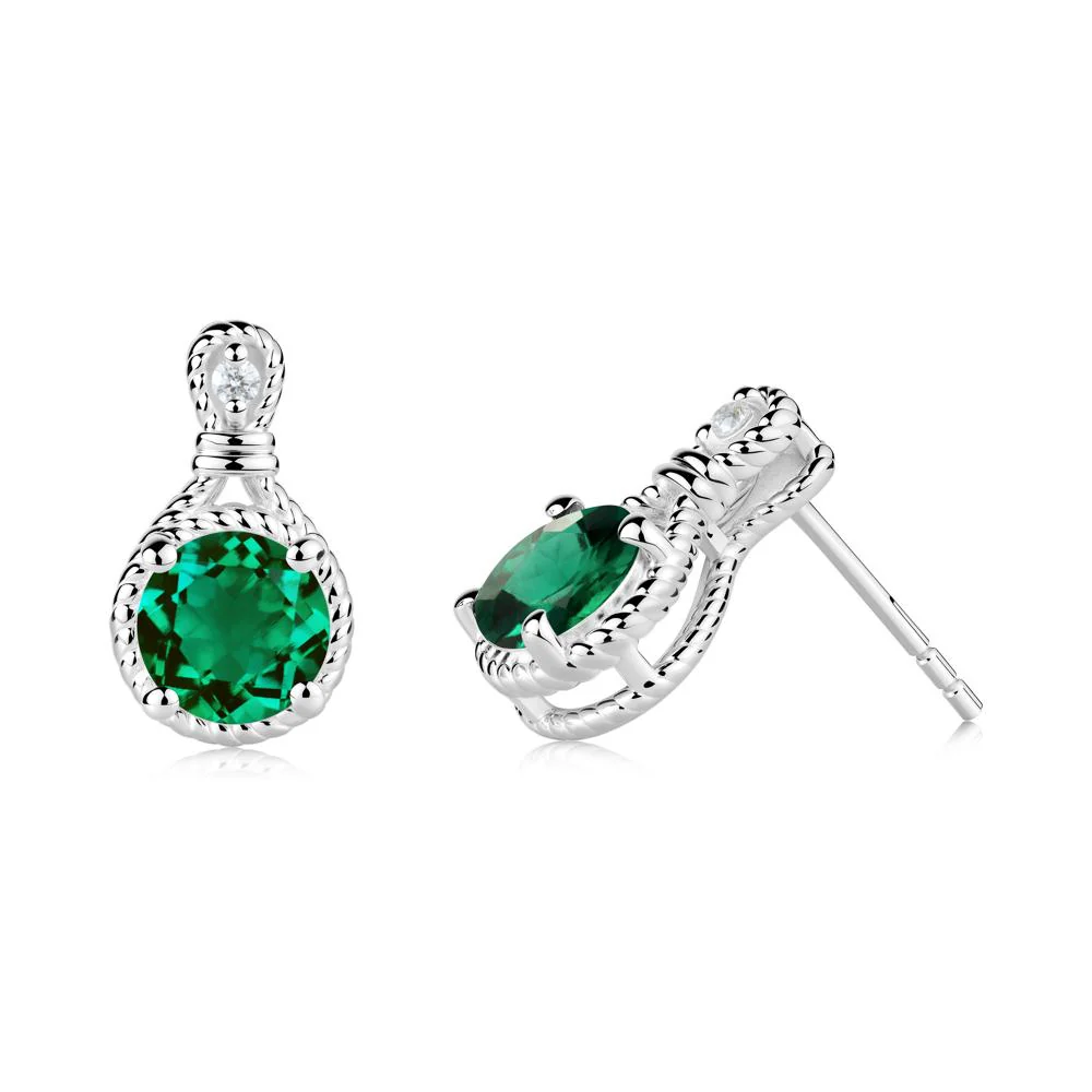 Rope Twist Halo Emerald Stud Earrings - Image 5