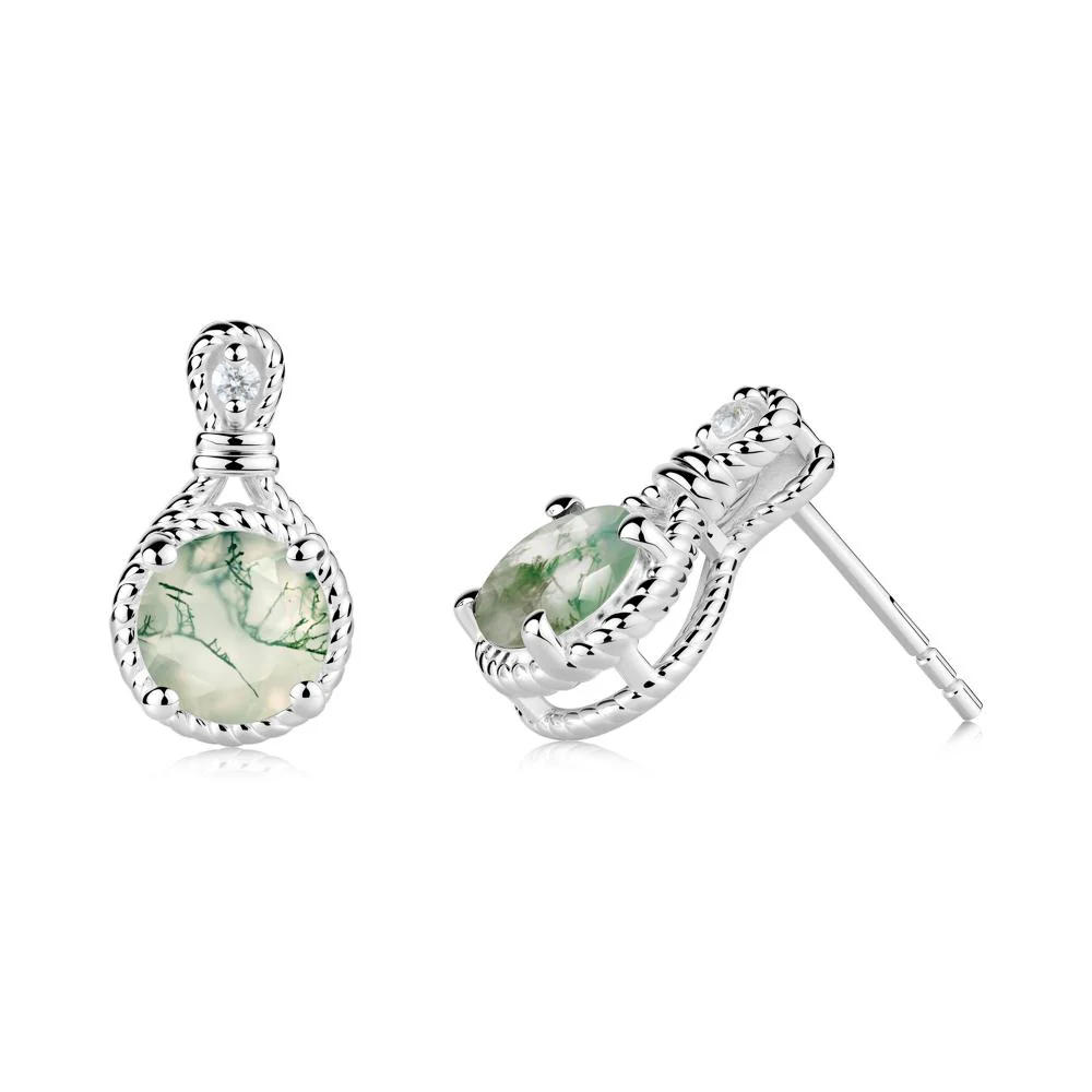 Rope Twist Halo Moss Agate Stud Earrings