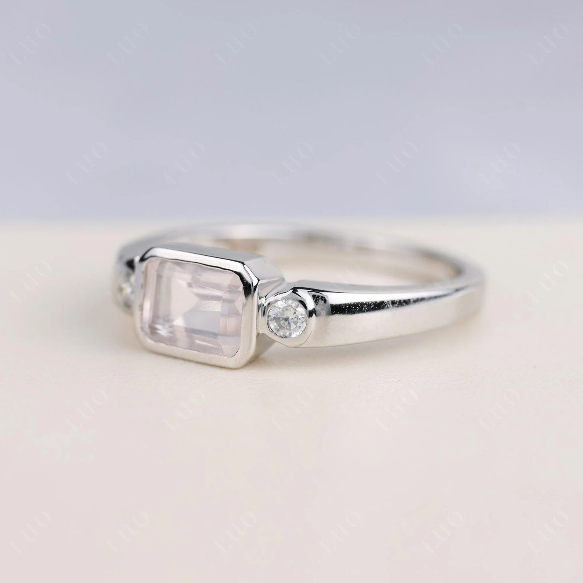 Rose Quartz Bezel Emerald Cut Ring - Image 2
