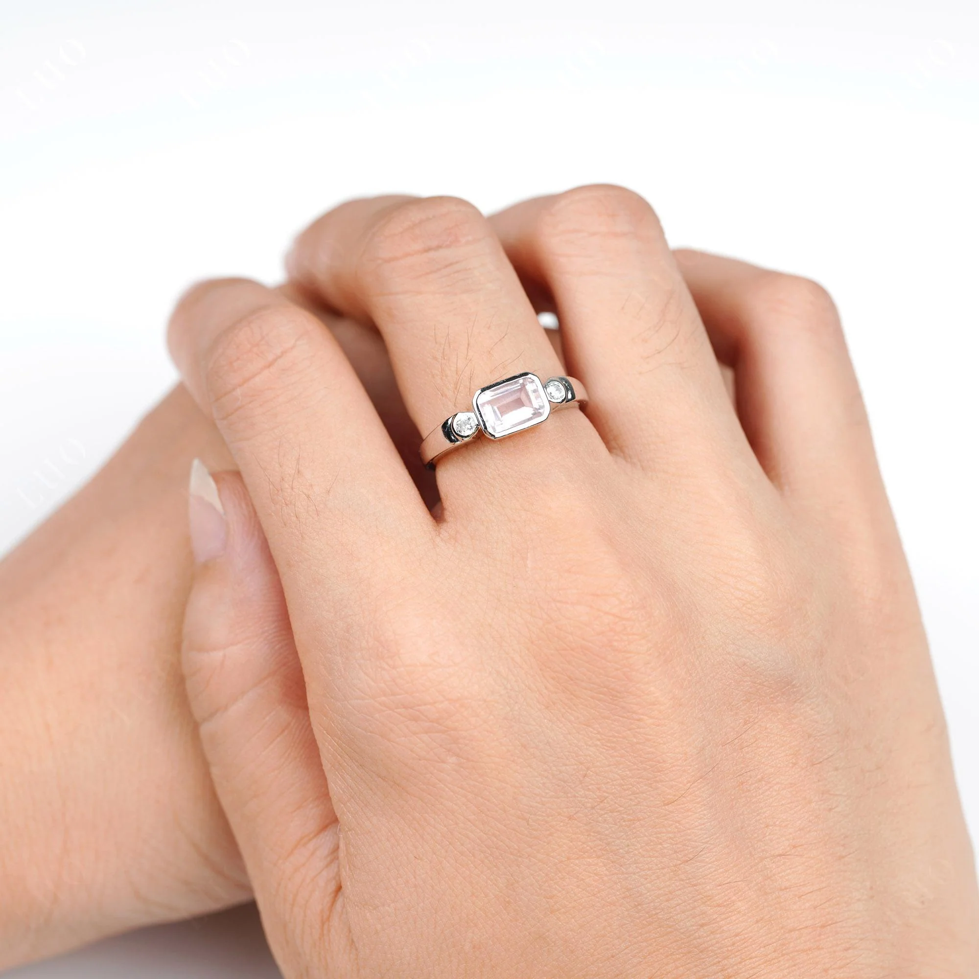 Rose Quartz Bezel Emerald Cut Ring - Image 5