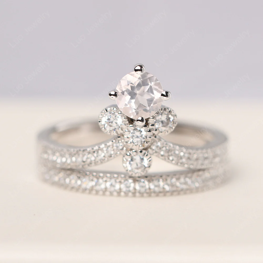 Rose Quartz Milgrain Bridal Ring Set - Image 2