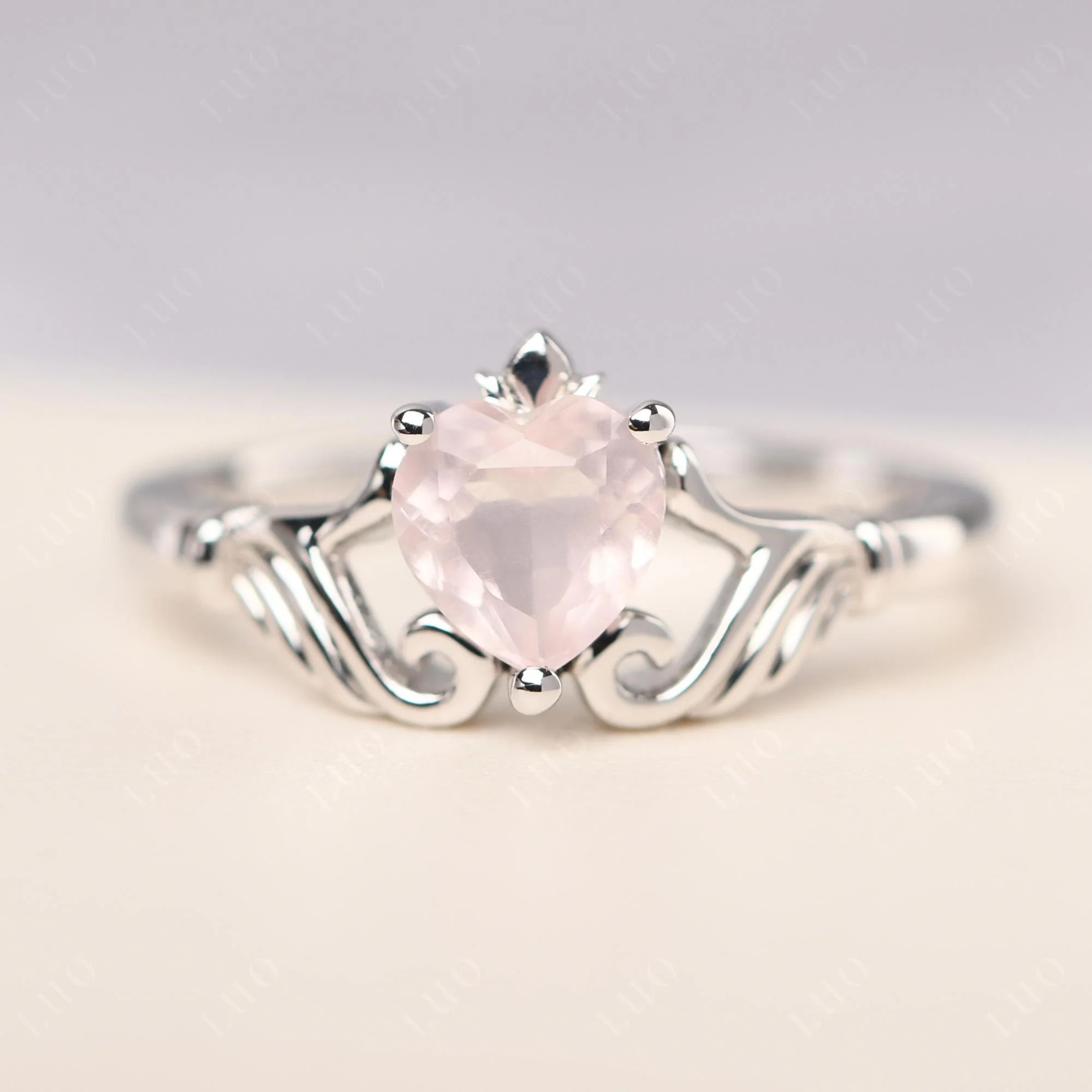 Heart Shaped Rose Quartz Claddagh Ring - Image 29
