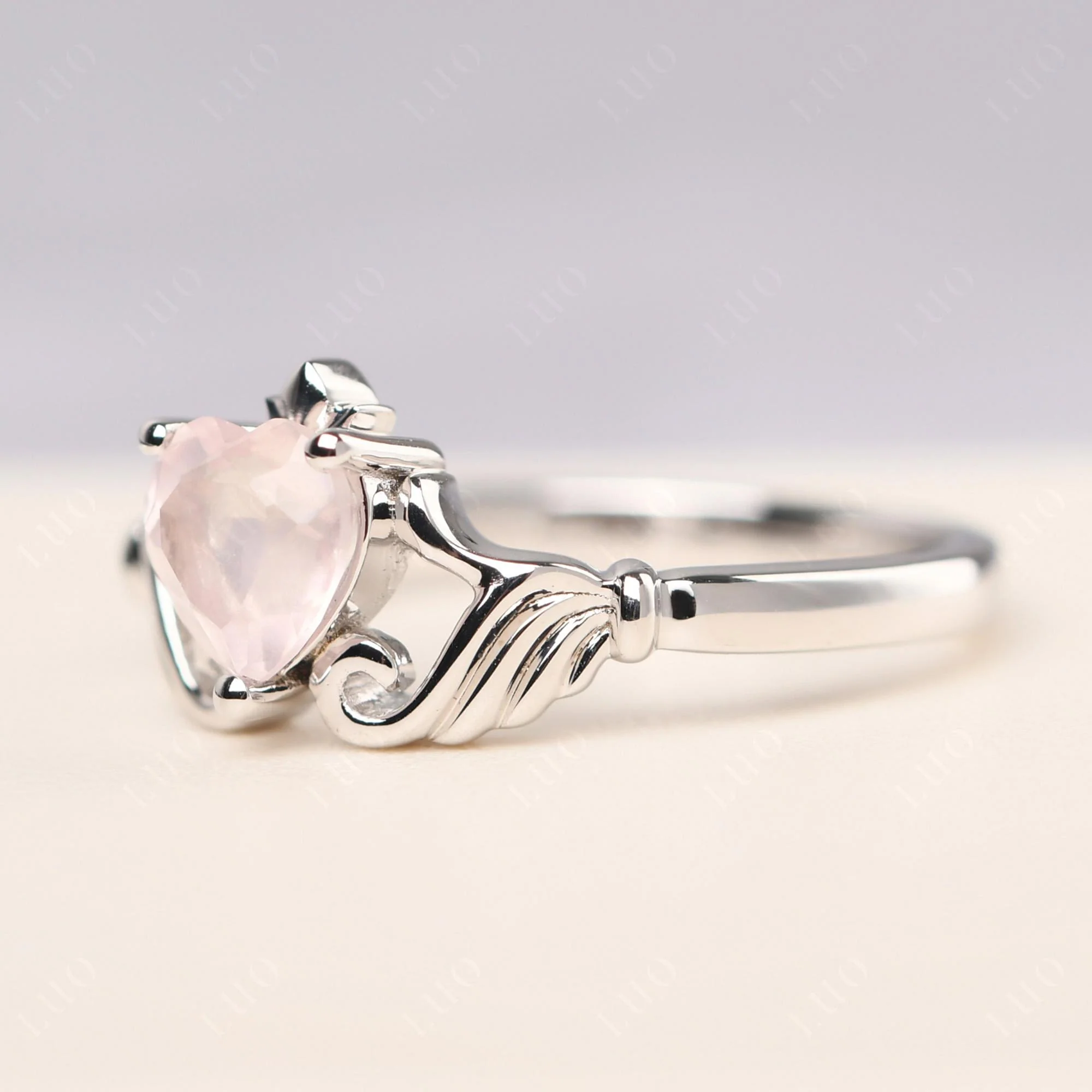 Heart Shaped Rose Quartz Claddagh Ring - Image 30